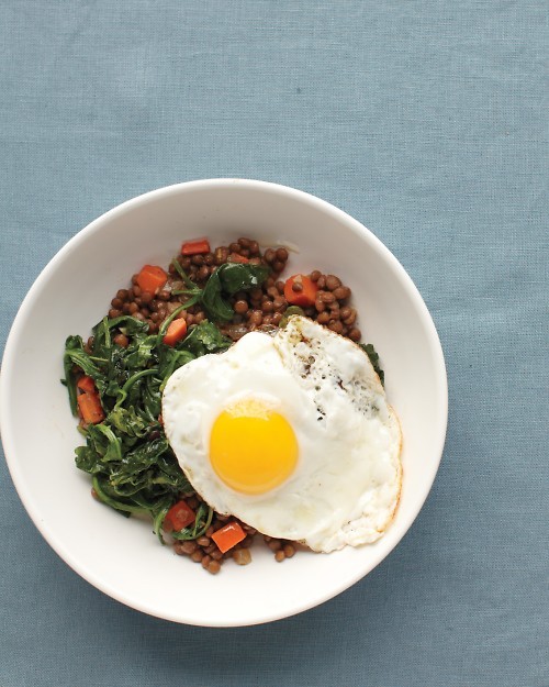 Lentils with egg and greens