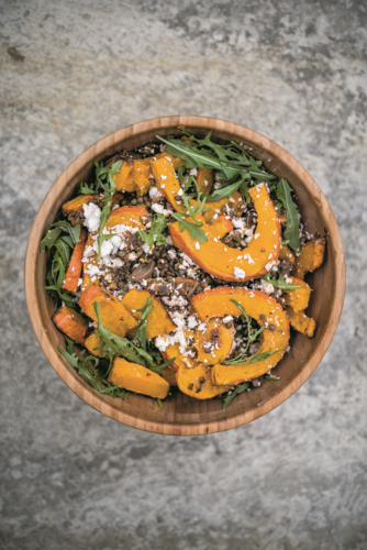 Lentils with goat's cheese and roasted pumpkin salad