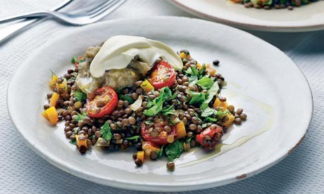 Lentils with grilled aubergine