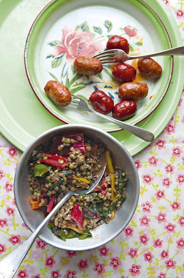 Lentils with mixed chard and tomatoes