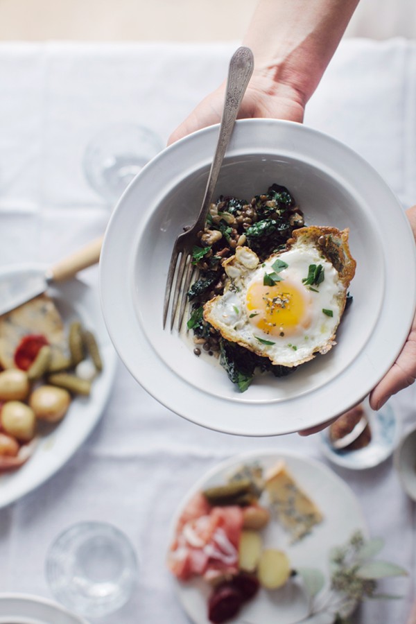 Lentils with mushrooms, kale and eggs from Ashley Rodriguez’s “Date Night In”