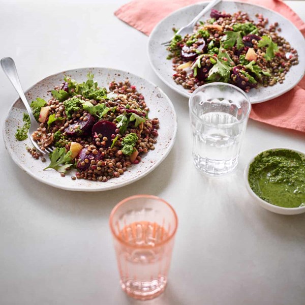 Lentils with preserved lemons and zhoug