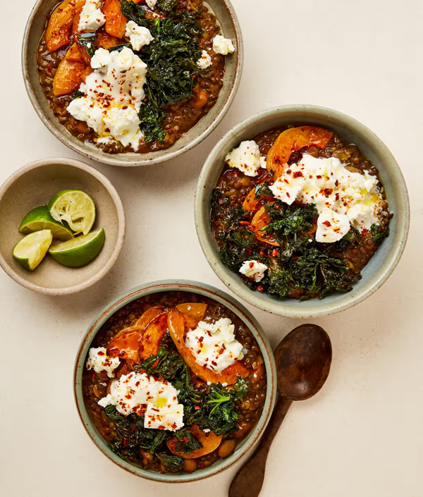 Lentils with roast butternut squash and feta yoghurt