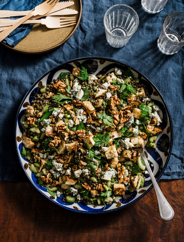 Lentils with roasted celery root, walnuts & blue cheese