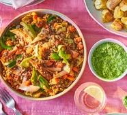 Lentils with spring greens & watercress walnut pesto