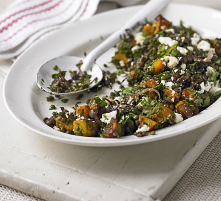Lentils with squash and feta