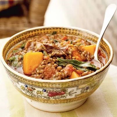 Lentils with Swiss chard, butternut squash, and meat confit