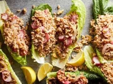 Lettuce cups with roasted radish and farro