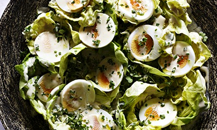 Lettuce salad with eggs, mustard cress and a creamed dressing