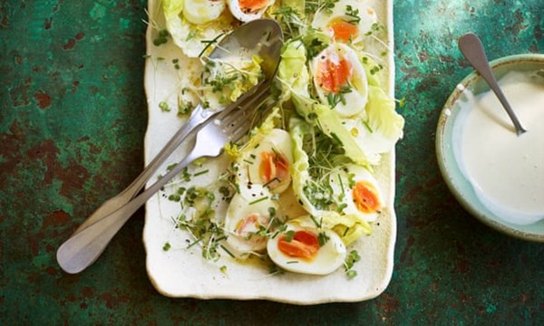 Lettuce salad with eggs, mustard cream and a creamed dressing