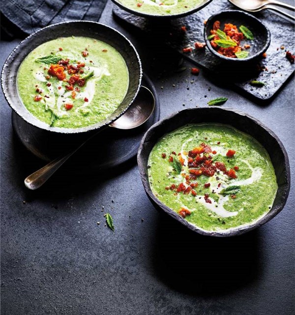 Lettuce soup with chorizo crumbs