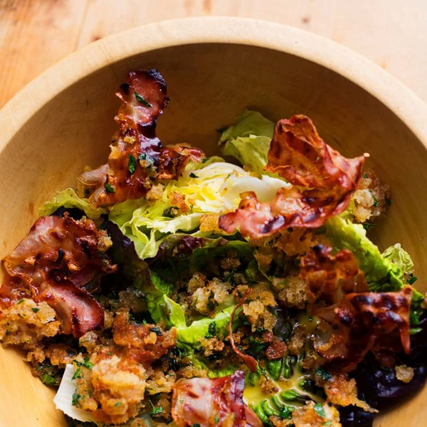 Lettuce with Parmesan crumbs and pancetta