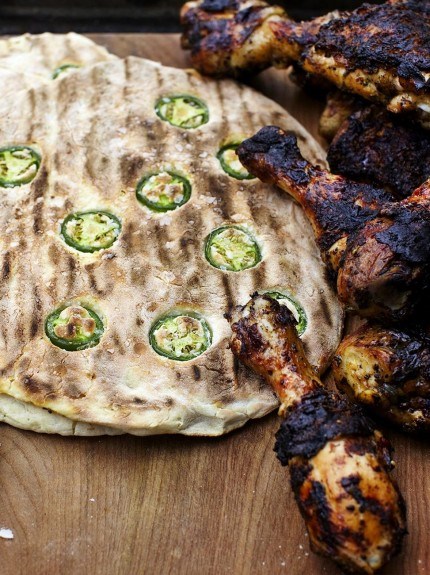 Levi Roots-style jerk chicken & jalapeño breads