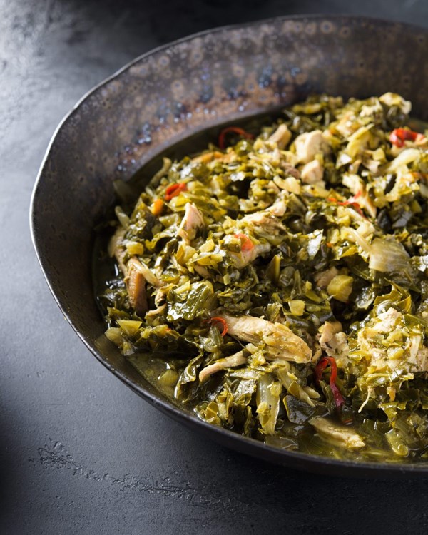 Liberian stewed greens with chicken and fresh chiles