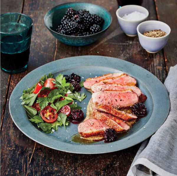 Liberty duck breast with charred eggplant & pickled blackberries
