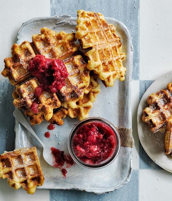 Liège-style waffles with rhubarb-vanilla jam