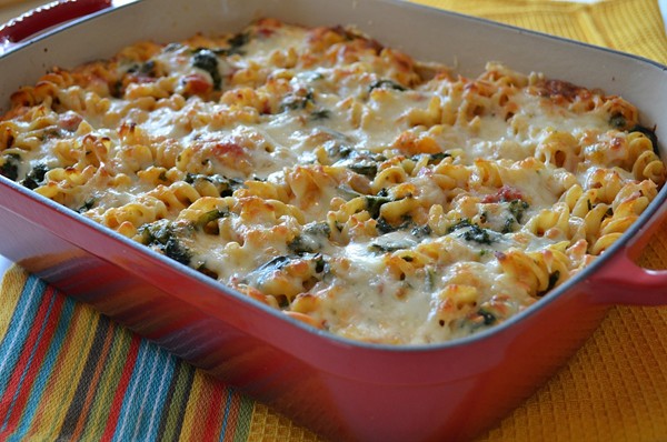 Light and creamy pasta bake with butternut squash and kale