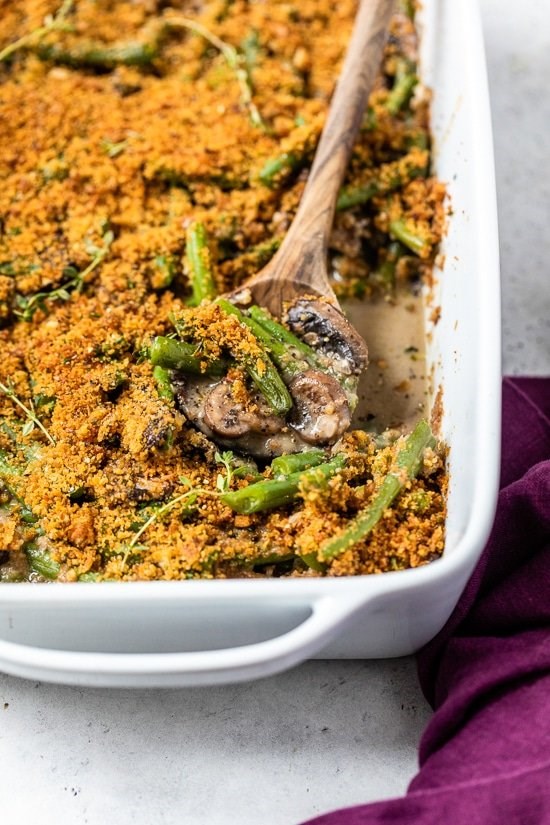 Lightened up green bean casserole with shallot crumb topping