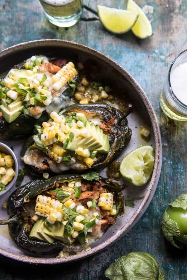 Lightened up salsa verde chicken stuffed poblano peppers