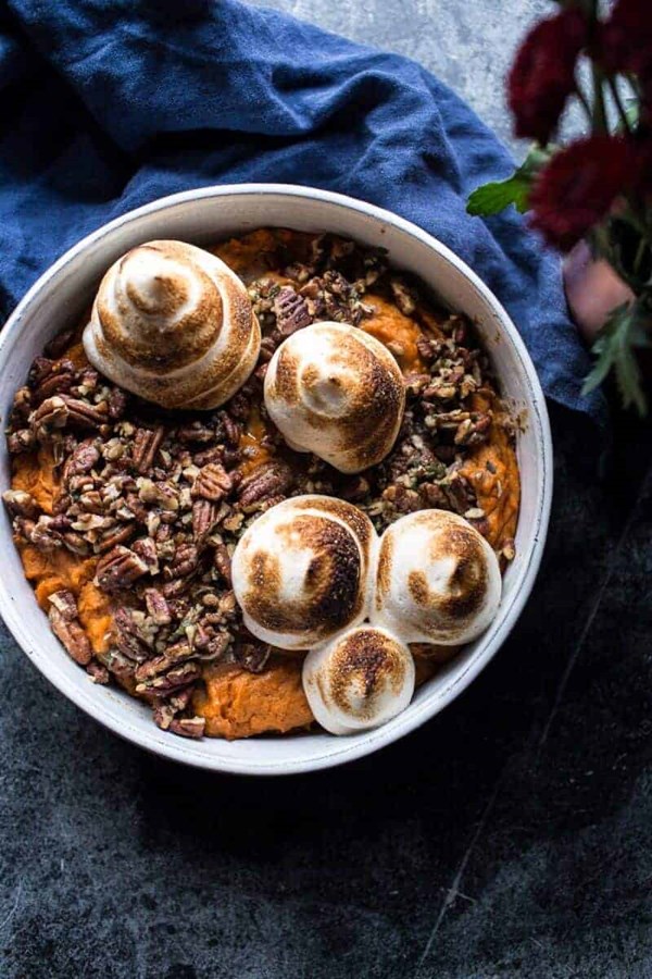Lighter baked sweet potato casserole with maple toasted marshmallow