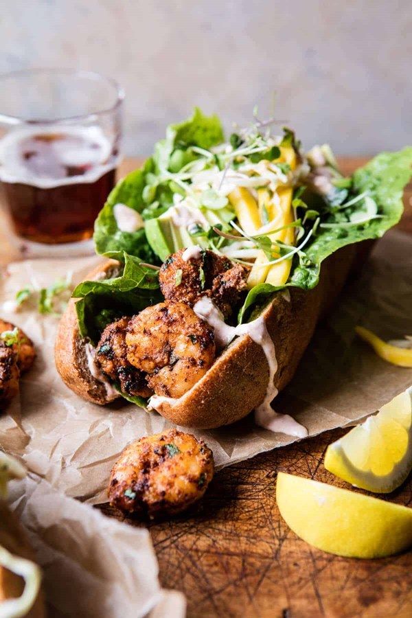 Lighter shrimp po boys with avocado mango slaw