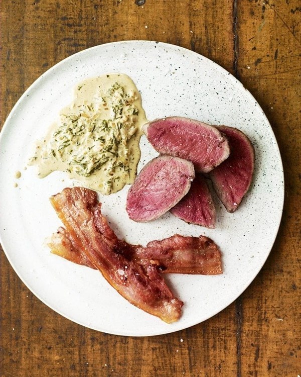 Lightly cured pan-roast pigeon with sorrel sauce and crispy bacon