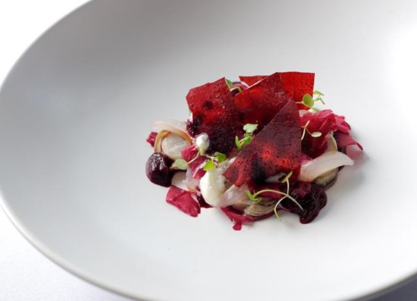 Lightly poached native oysters, beetroot purée and horseradish foam