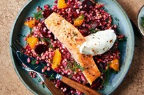 Lightly smoked salmon with beetroot, buckwheat & tangerine relish 