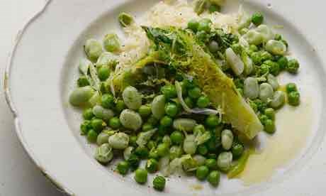 Lightly stewed broad beans, peas and gem lettuce with Parmesan rice