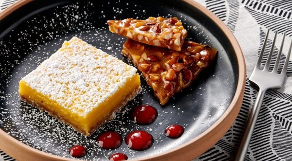 Liliko'i bars and strawberry li hing mui sauce with macadamia nut brittle [Relle Lum]