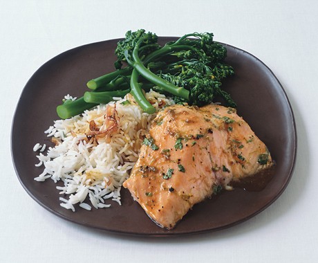 Lime- and honey-glazed salmon with basmati and broccolini