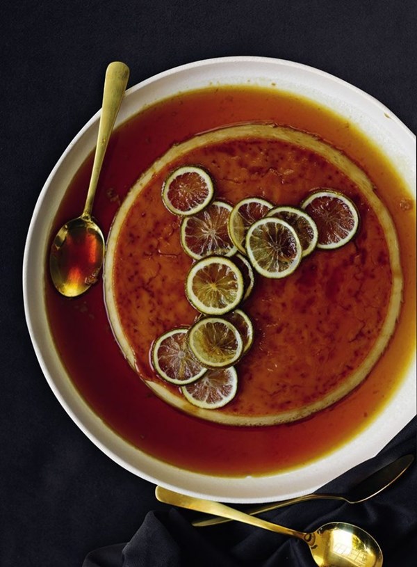 Lime & coconut flan with gin & tonic caramel
