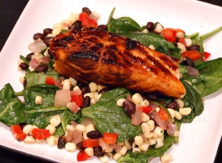 Lime & honey glazed salmon with warm black bean & corn salad