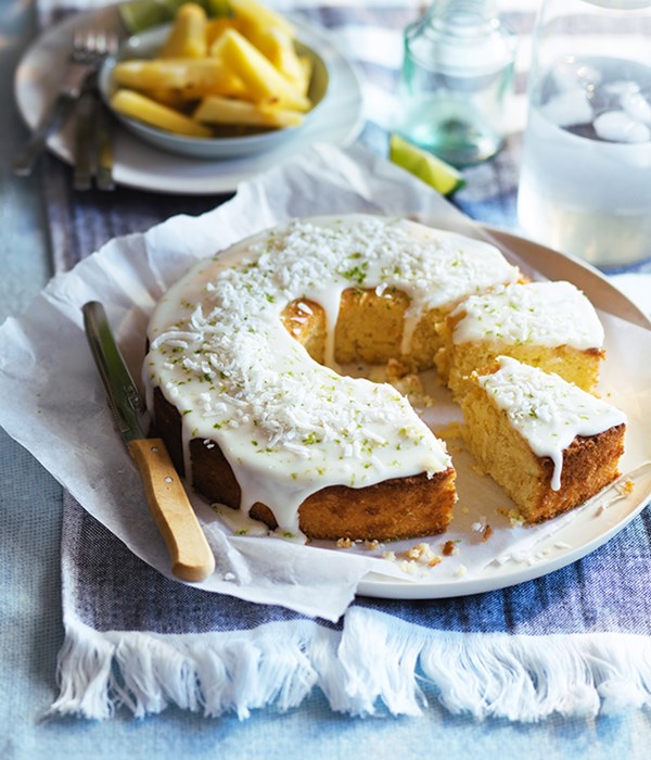 Lime and coconut cake with pineapple glaze