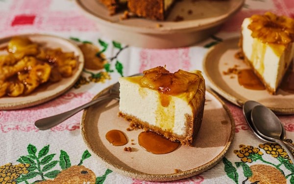 Lime and coconut cheesecake with pineapple and lime caramel