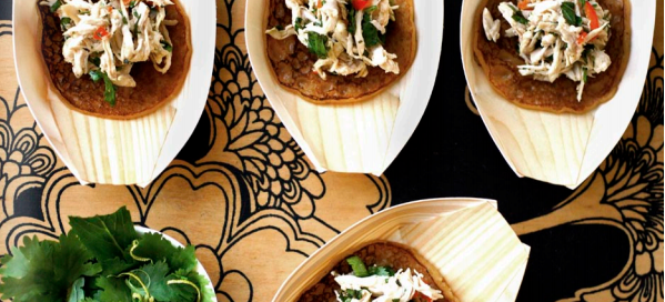 Lime and coconut pancakes with chicken, crab and mint