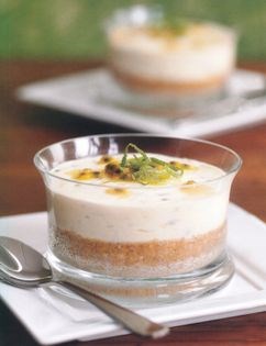 Lime and passion fruit cheesecakes with coconut crumbs