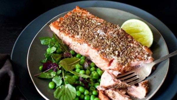 Lime and sumac salmon with mint and pea salad