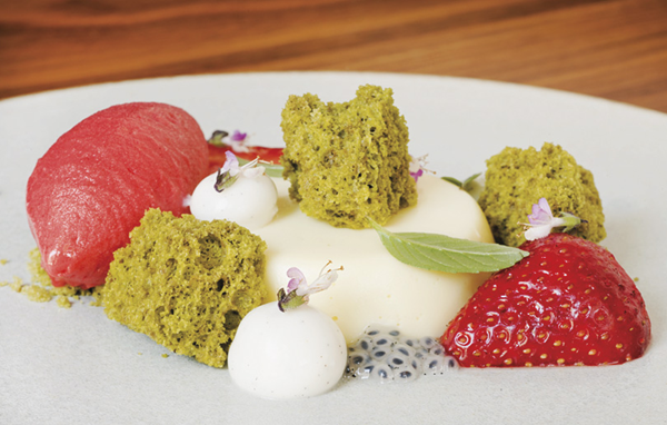 Lime curd with crispy matcha cake, strawberry sorbet & Thai basil