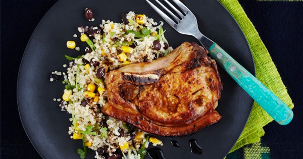 Lime-cured pork chops with black bean, corn and quinoa salad