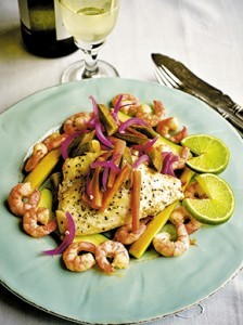 Lime-escovitched sea bream with tiger prawns 