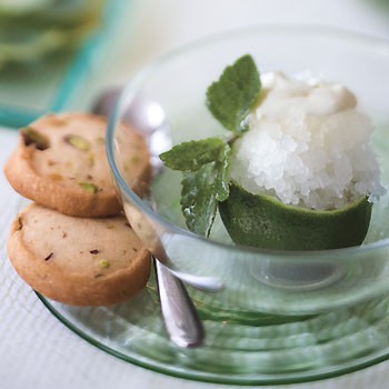 Lime granita with candied mint leaves and crème fraîche