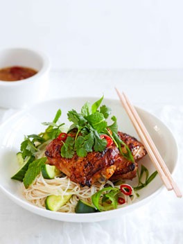 Lime leaf chicken with rice noodles and cucumber