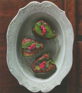 Lime leaf-wrapped duck fritters with beetroot pesto