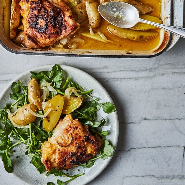 Lime pickle-roasted chicken with potatoes and watercress