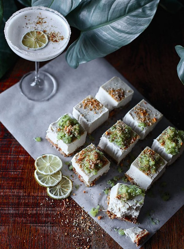 Lime, salted macadamia & toasted coconut margarita slice with kiwifruit granita