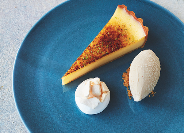 Lime tart, meringue and roasted banana ice cream