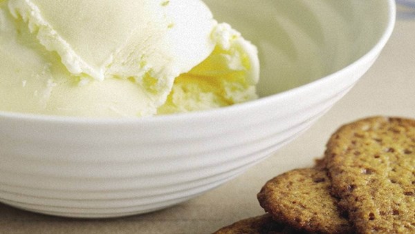 Lime zest frozen yoghurt with palm sugar snaps
