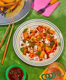 Limey cantaloupe salad with chili crisp-fish sauce dressing