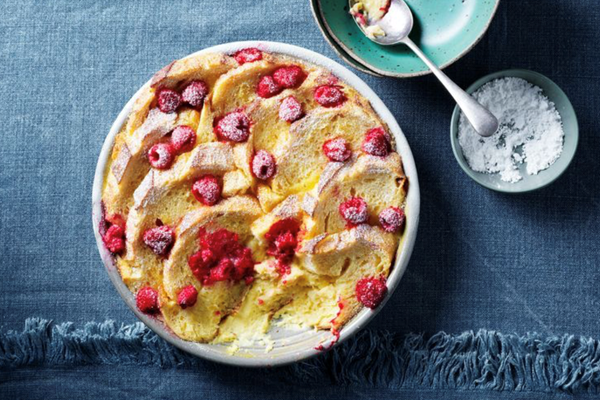 Limoncello and raspberry sourdough bread and butter pudding
